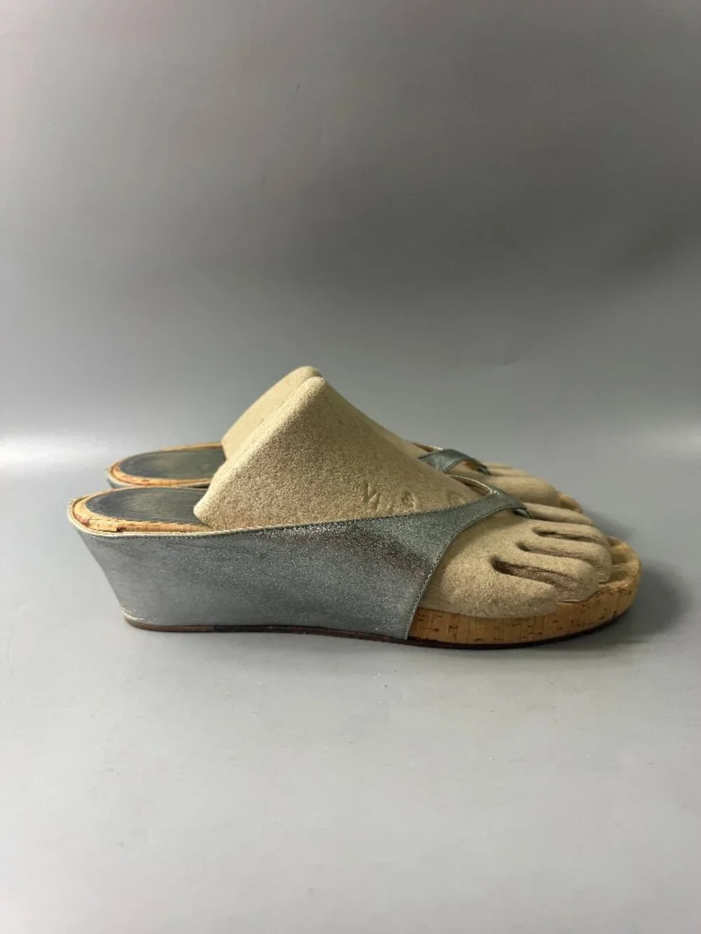 Authentic Christian Louboutin Silver Metallic Leather Cork Wedges, Size 41